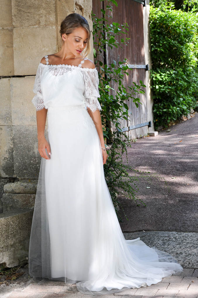 Robe De Mariée Bohème Fluide En Dentelle Et Tulle Mousseline