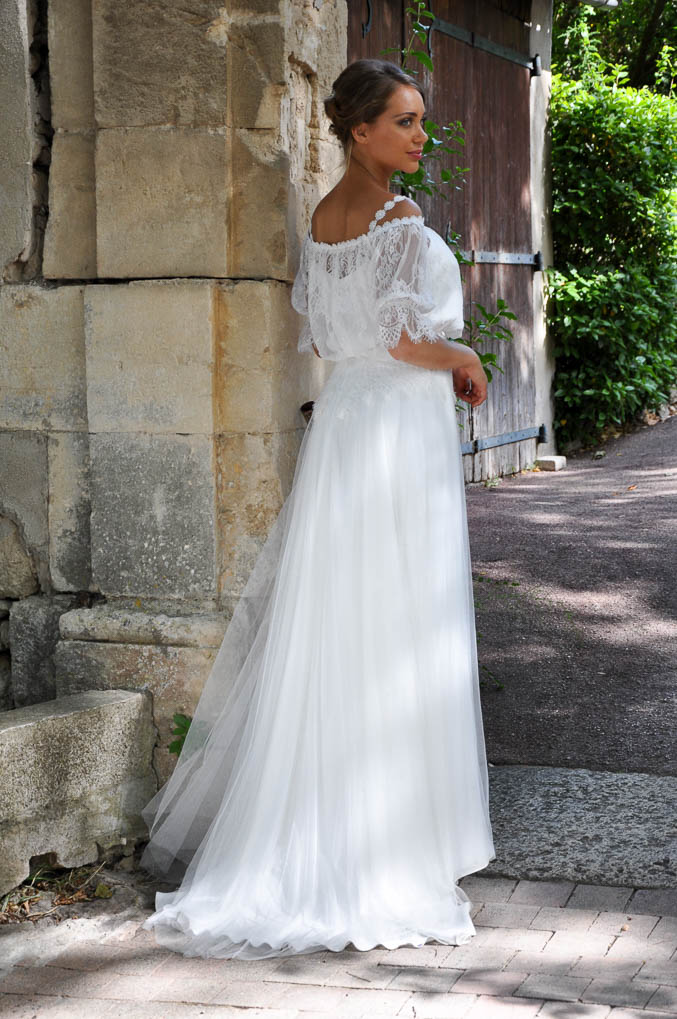 Robe De Mariée Bohème Fluide En Dentelle Et Tulle Mousseline